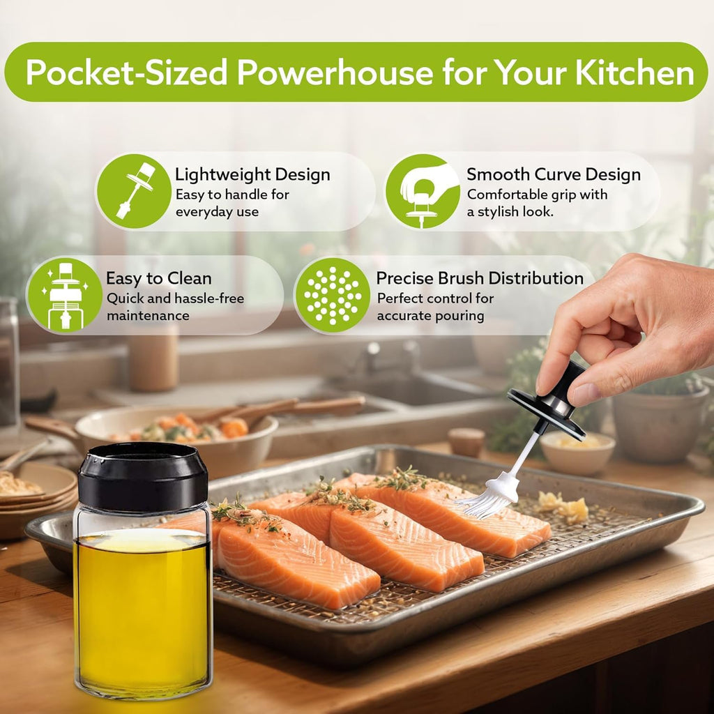Clear Glass Oil Dispenser Bottle with Integrated Silicone Basting Brush (250ml Approx)