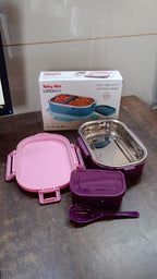 3 in 1 Spicy Bite Stainless Steel Lunch Box With Plastic Small Box & Spoon (1 Set)