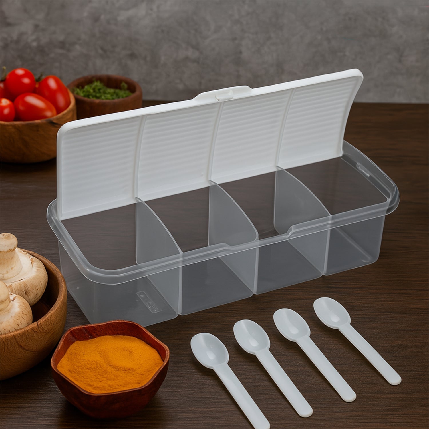 Kitchen Multipurpose Air-tight 4 Sections Storage Containers / Masala Box Pickle (Achar) Jar with 4 spoon for each section (1 Pc / Mix Color)