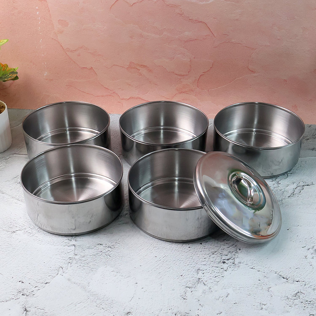 5 Compartment Lunch Box (Stainless Steel): Round Tiffin, Leakproof (16x5")