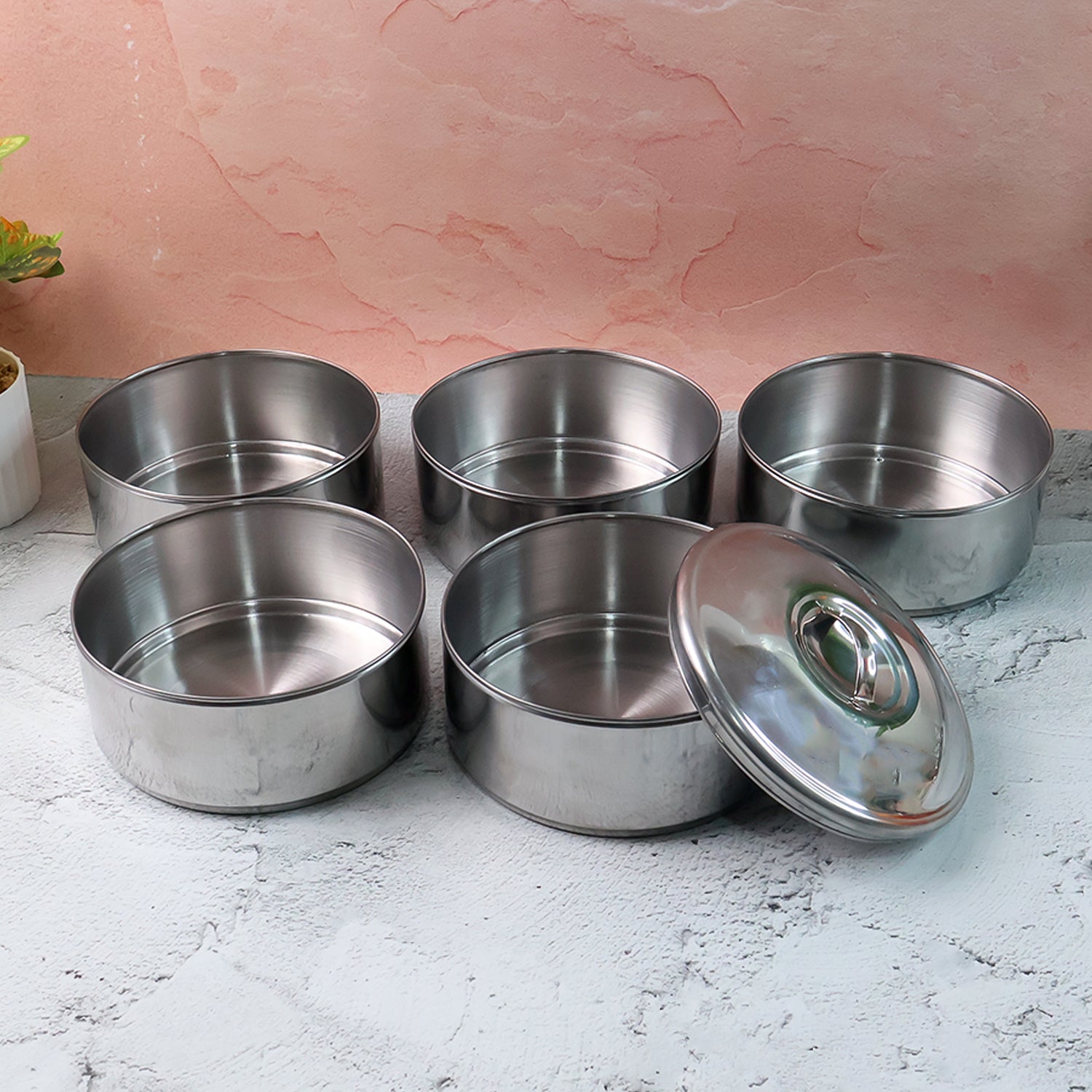 5 Compartment Lunch Box (Stainless Steel): Round Tiffin, Leakproof (16x5")