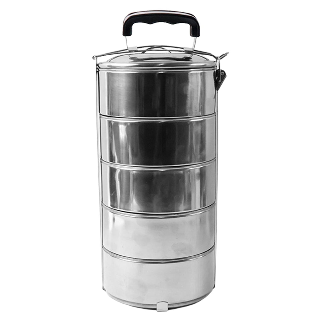 5 Compartment Lunch Box (Stainless Steel): Round Tiffin, Leakproof (16x5")