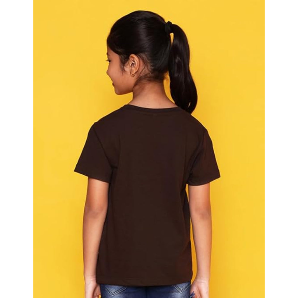 Girls Cotton Round Neck Brown T-shirt