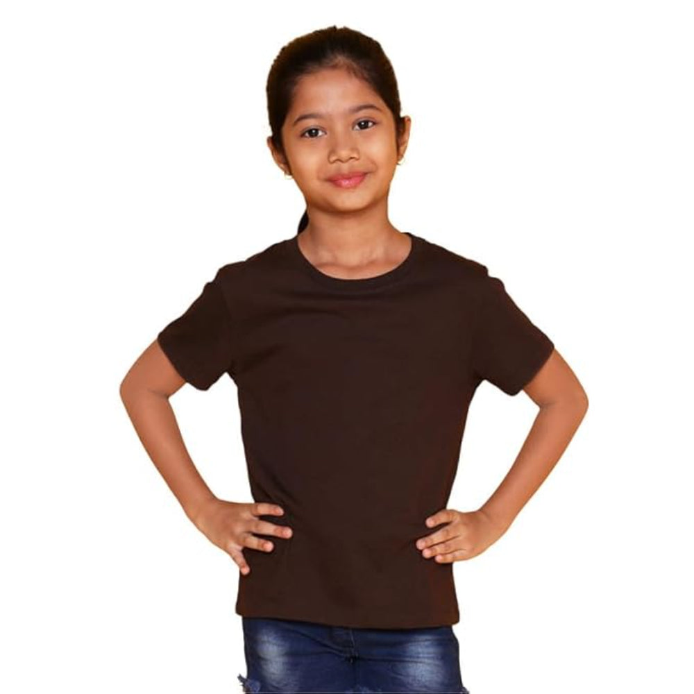 Girls Cotton Round Neck Brown T-shirt