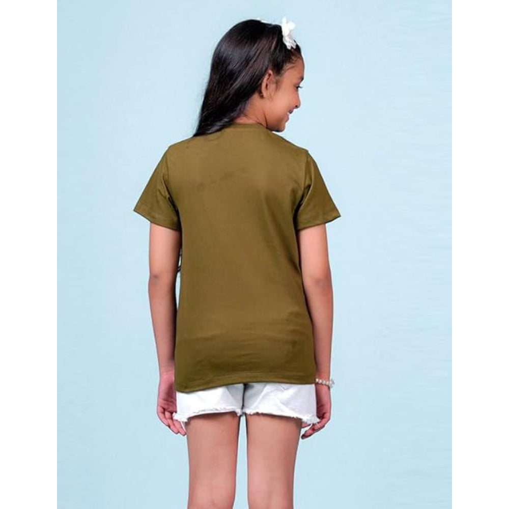 Girls Cotton Round Neck Olive T-shirt