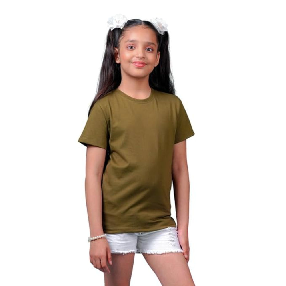 Girls Cotton Round Neck Olive T-shirt