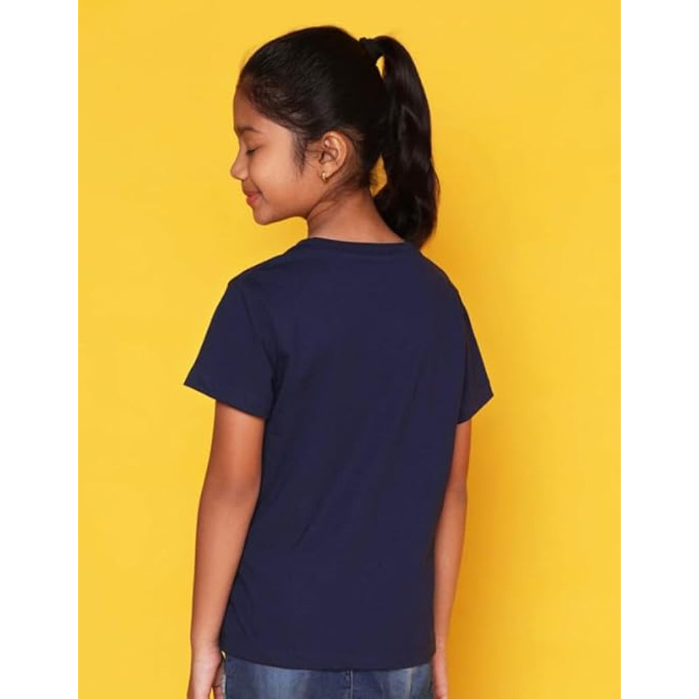 Girls Cotton Round Neck Navy Blue T-shirt