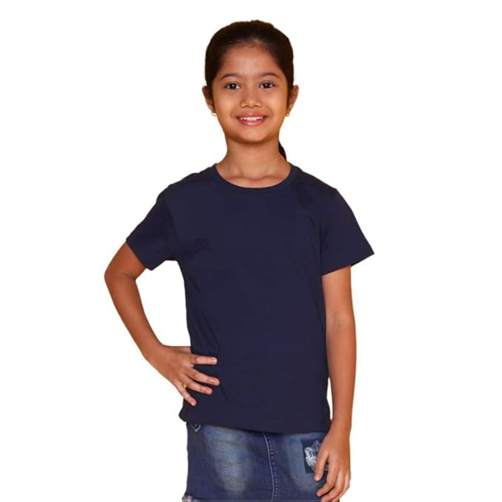 Girls Cotton Round Neck Navy Blue T-shirt