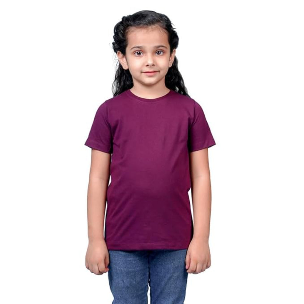 Girls Cotton Round Neck Wine T-shirt