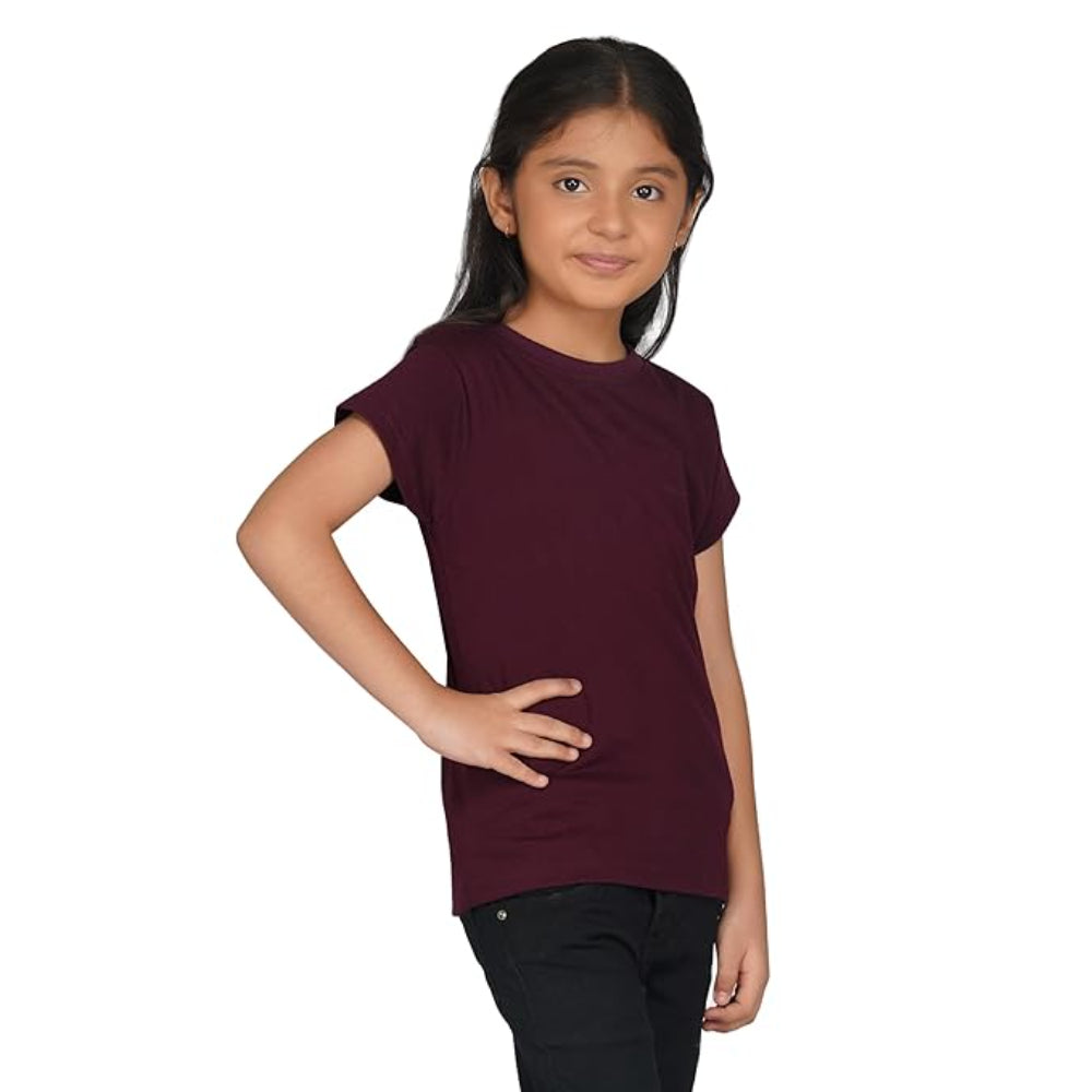 Girls Round Neck Wine Maroon T-shirt