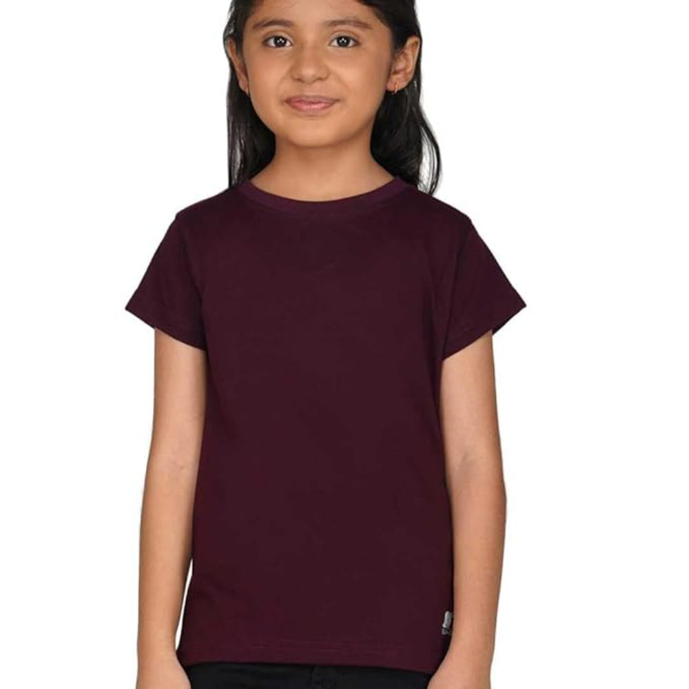Girls Round Neck Wine Maroon T-shirt