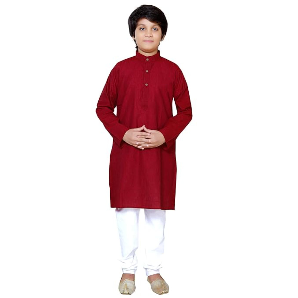 Boys Ethnic Wear Cotton Maroon Kurta Pajama Set