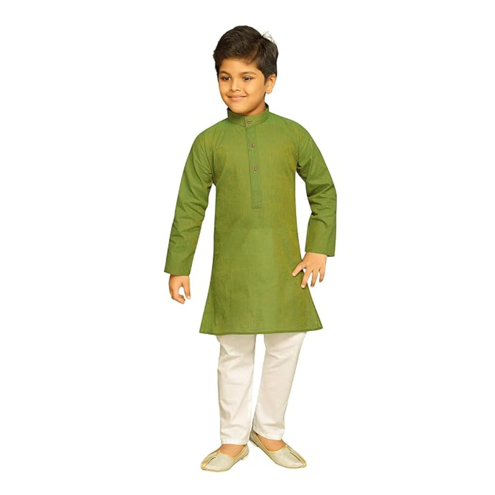 Boys Ethnic Wear Cotton Mehandi Green Kurta Pajama Set