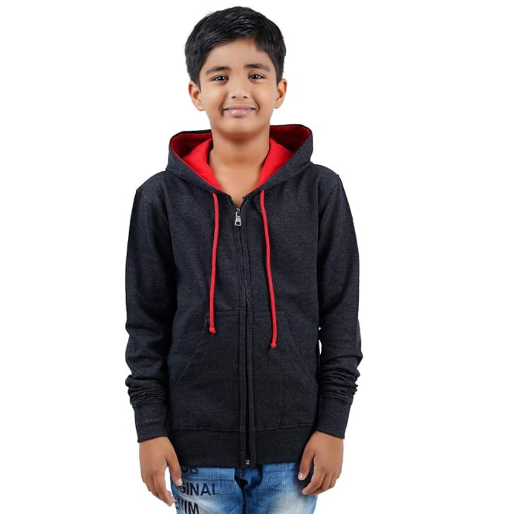 Charcoal Melange Hooded Solid Boys Sweatshirt
