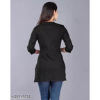 Black Women Cotton 3/4th Sleeve V-neck Short Kurta