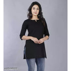 Black Women Cotton 3/4th Sleeve V-neck Short Kurta