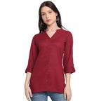 Maroon Women's Rayon Solid Top Kurti