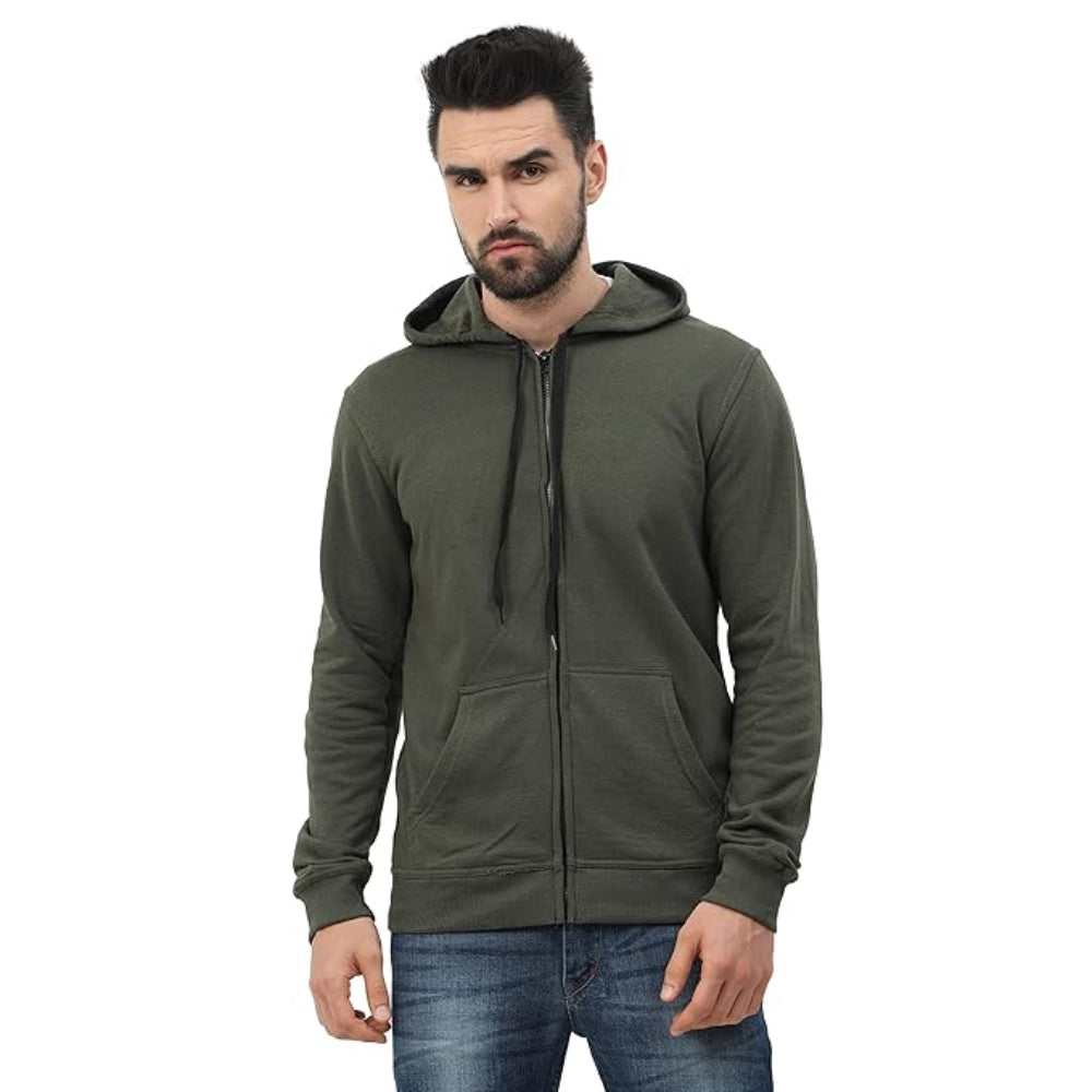 Men's Cotton Plain Olive Green Hooded