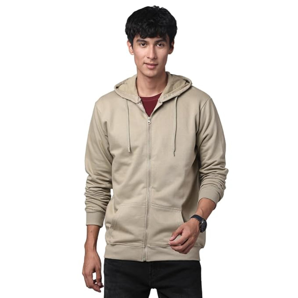 Mens Solid Zipper Beige Hoodie