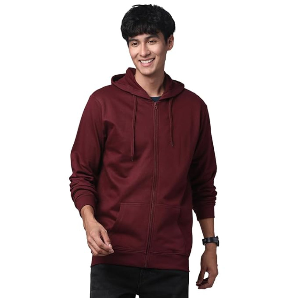 Mens Solid Zipper Maroon Hoodie