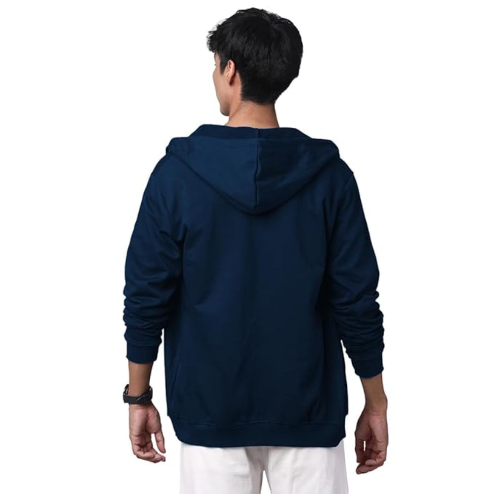 Mens Solid Zipper Navy Blue Hoodie