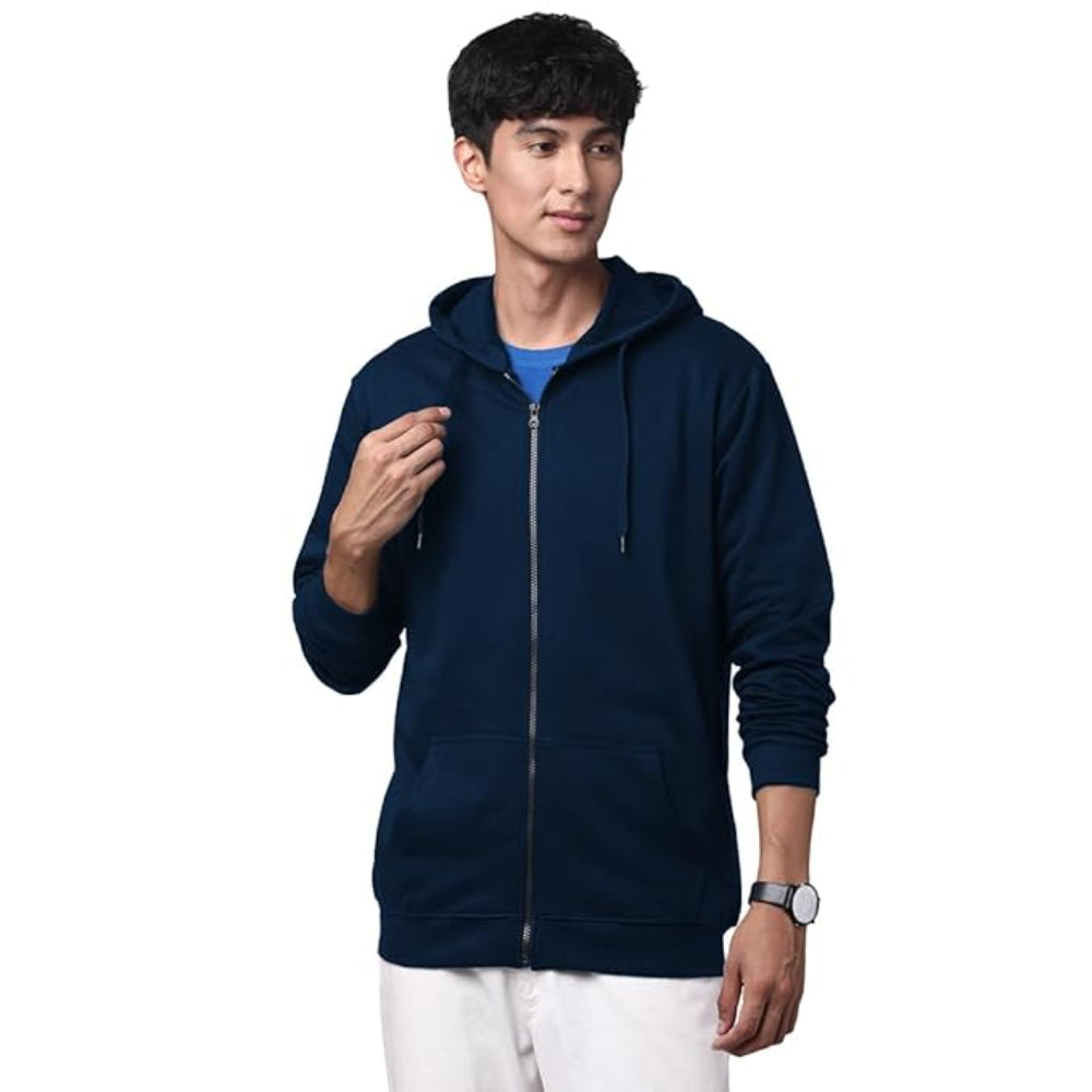Mens Solid Zipper Navy Blue Hoodie