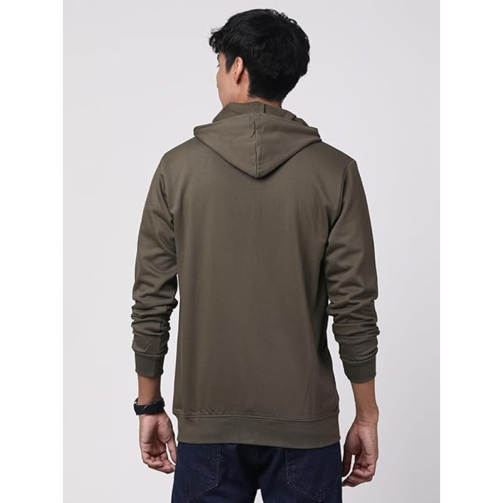 Mens Solid Zipper Olive Hoodie