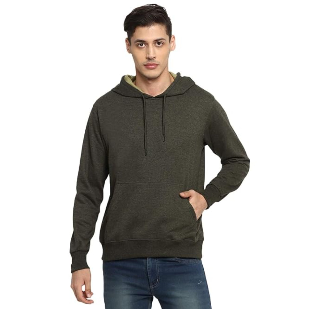 Mens Fleece Plain Olive Melange Hoodie