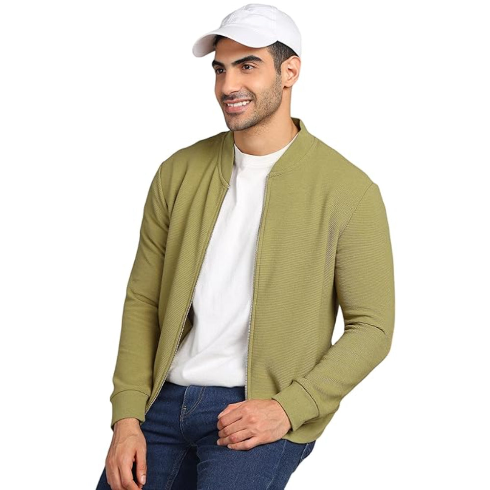 Men Solid Front Zipper Green Jacket