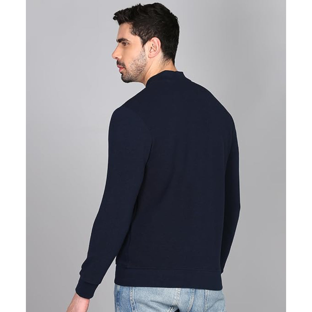 Men Solid Front Zipper Navy Blue Jacket