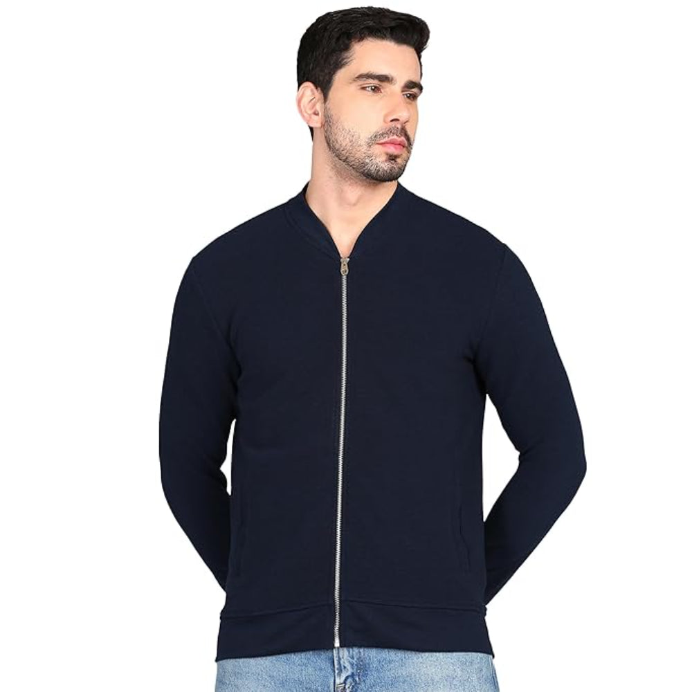 Men Solid Front Zipper Navy Blue Jacket