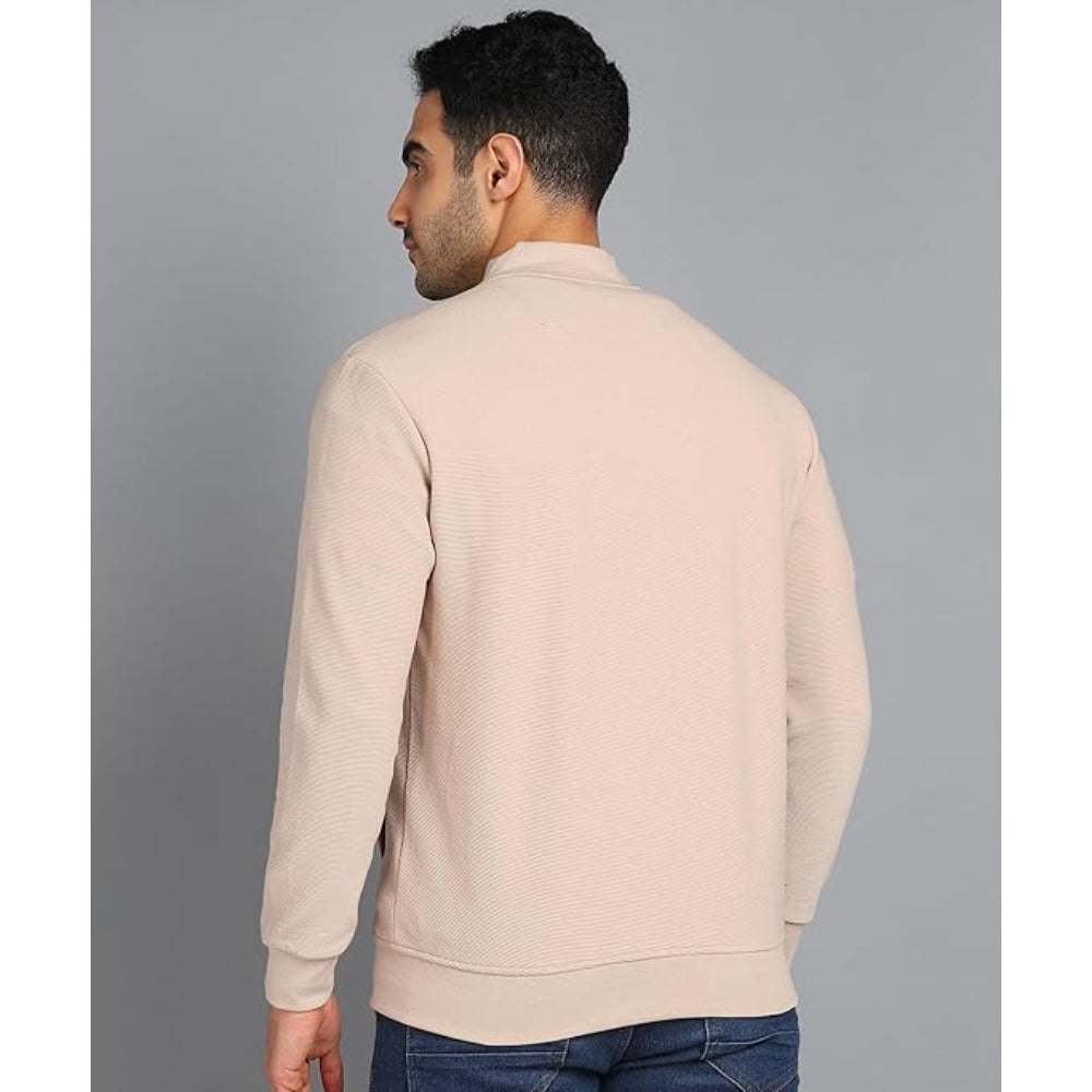 Men Solid Front Zipper Beige Jacket