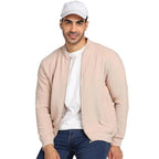 Men Solid Front Zipper Beige Jacket
