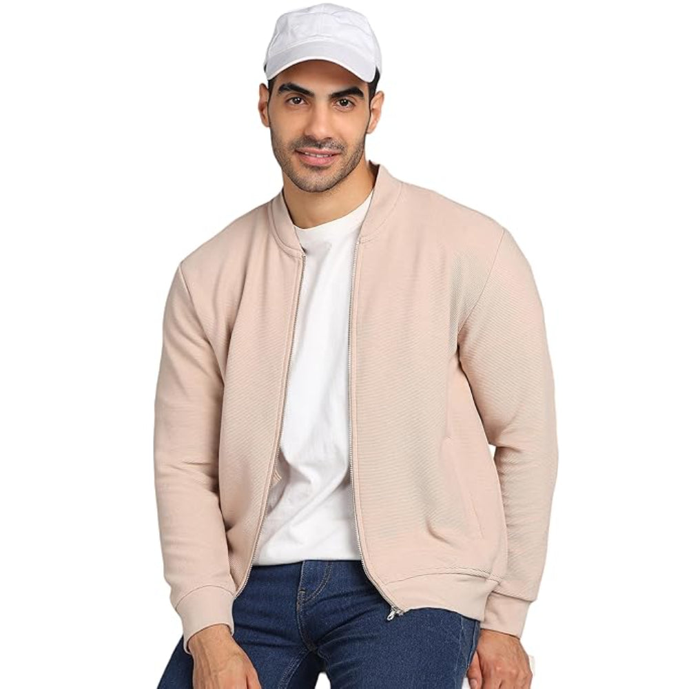 Men Solid Front Zipper Beige Jacket