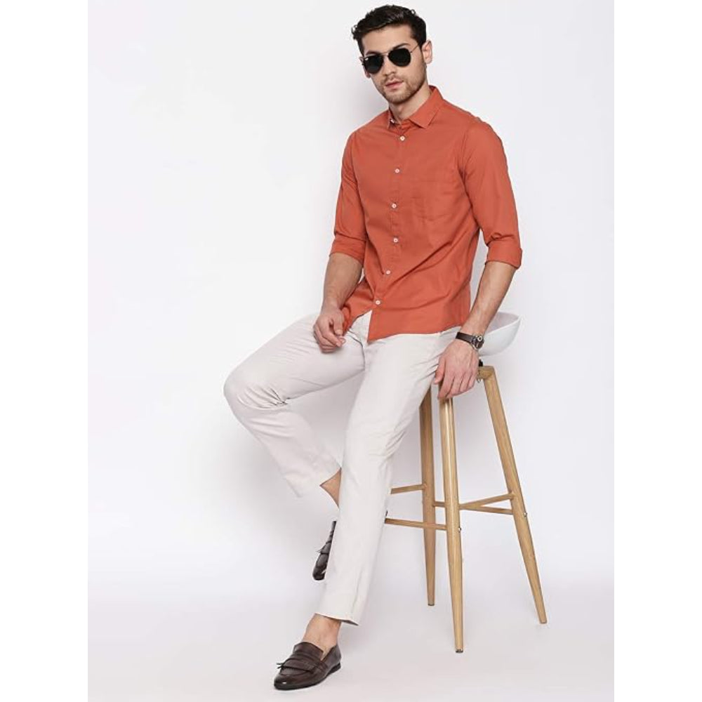 Men Solid Cotton Casual Orange Shirt