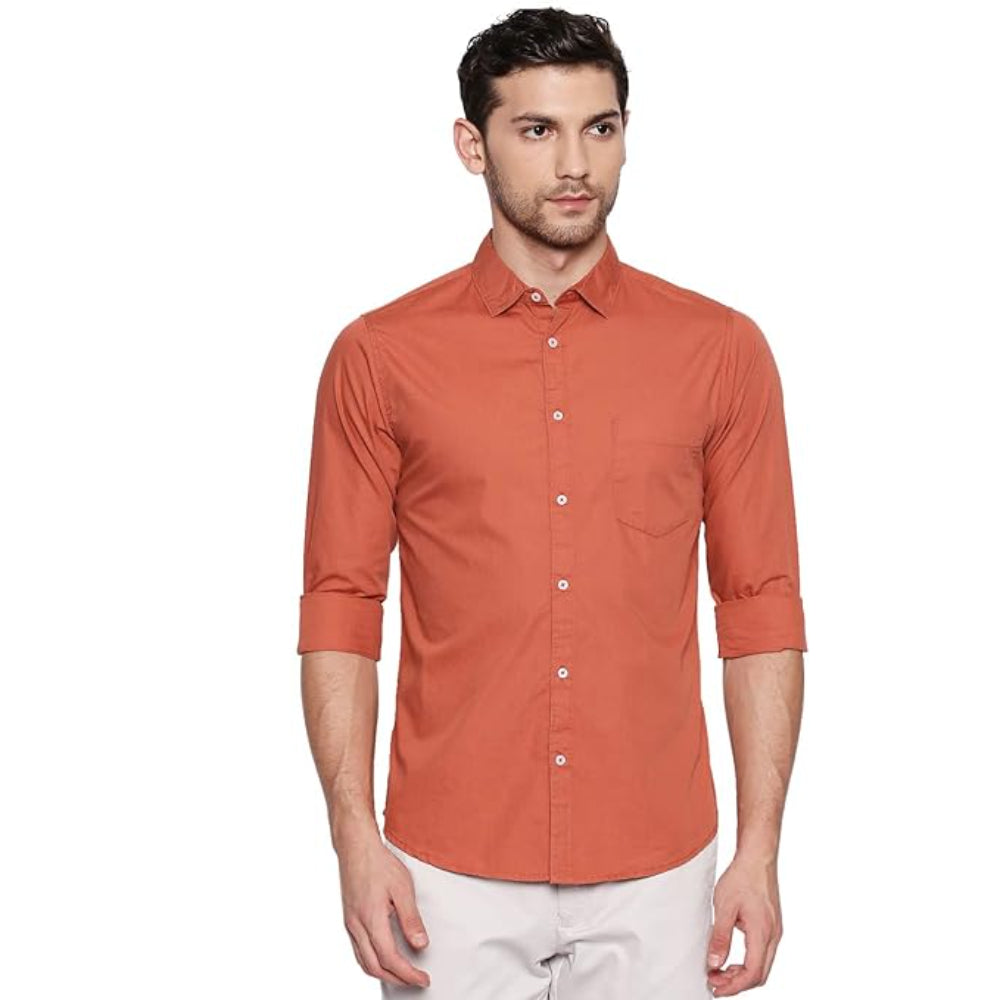 Men Solid Cotton Casual Orange Shirt