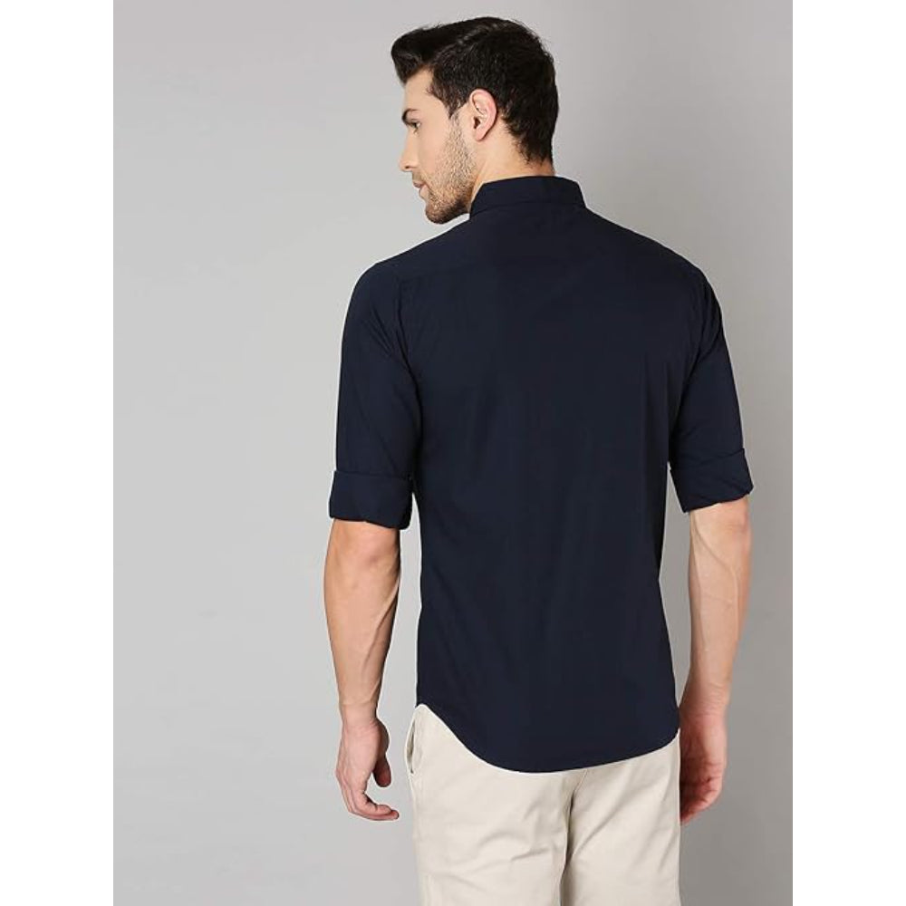 Men Solid Cotton Casual Navy Blue Shirt