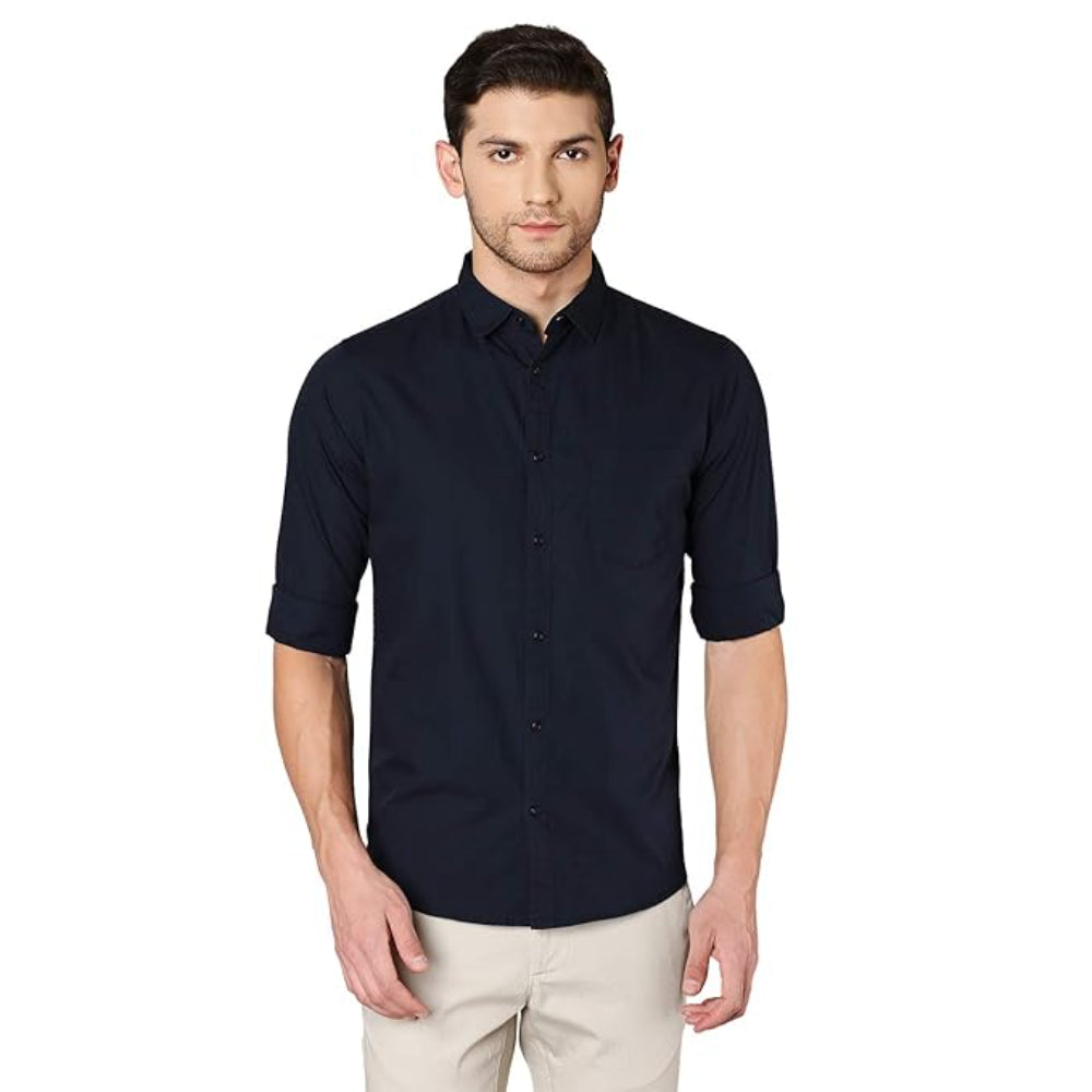 Men Solid Cotton Casual Navy Blue Shirt