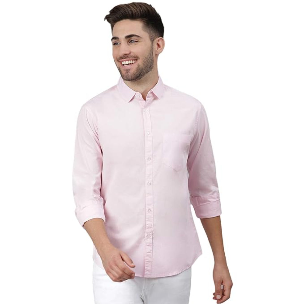Men Solid Cotton Casual Pink Shirt
