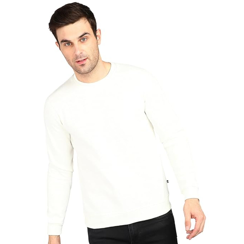 Men Round Neck Off White Sweatshirt