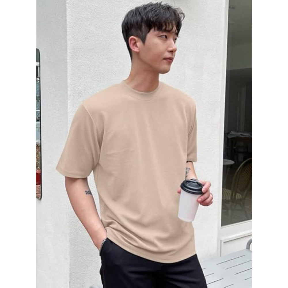 Men Round Neck Beige T-Shirt