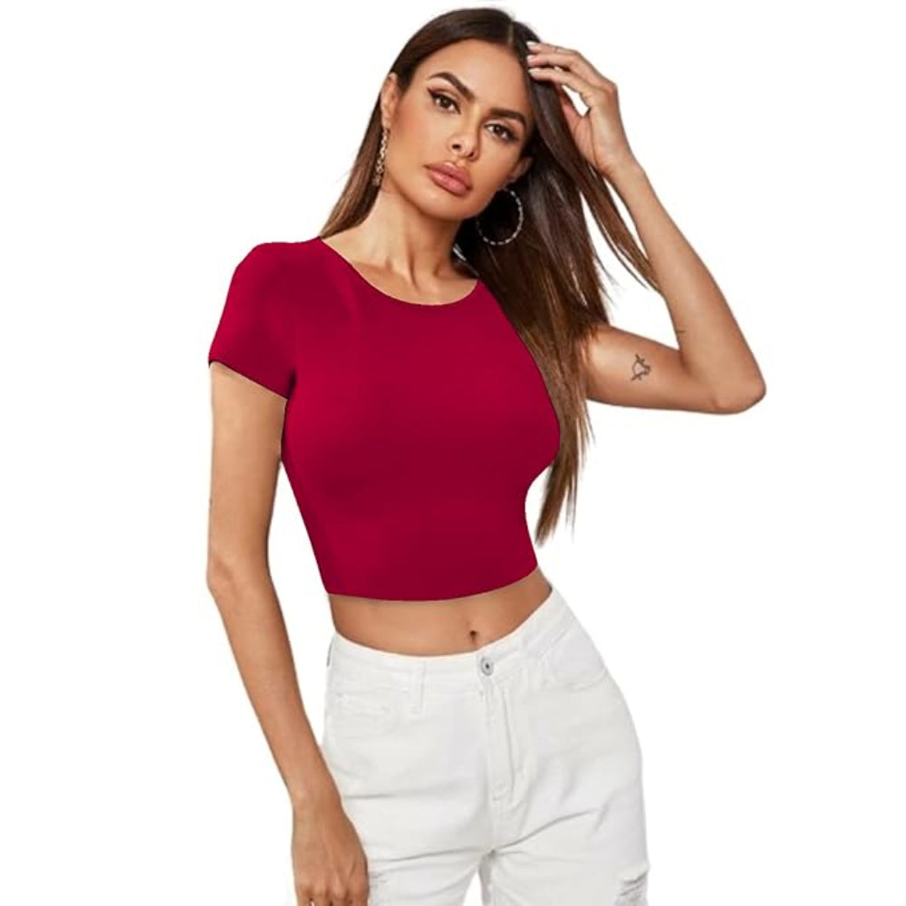 Women Short Sleeves Pink Crop Top