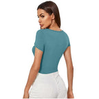 Women Short Sleeves Blue Crop Top