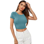 Women Short Sleeves Blue Crop Top