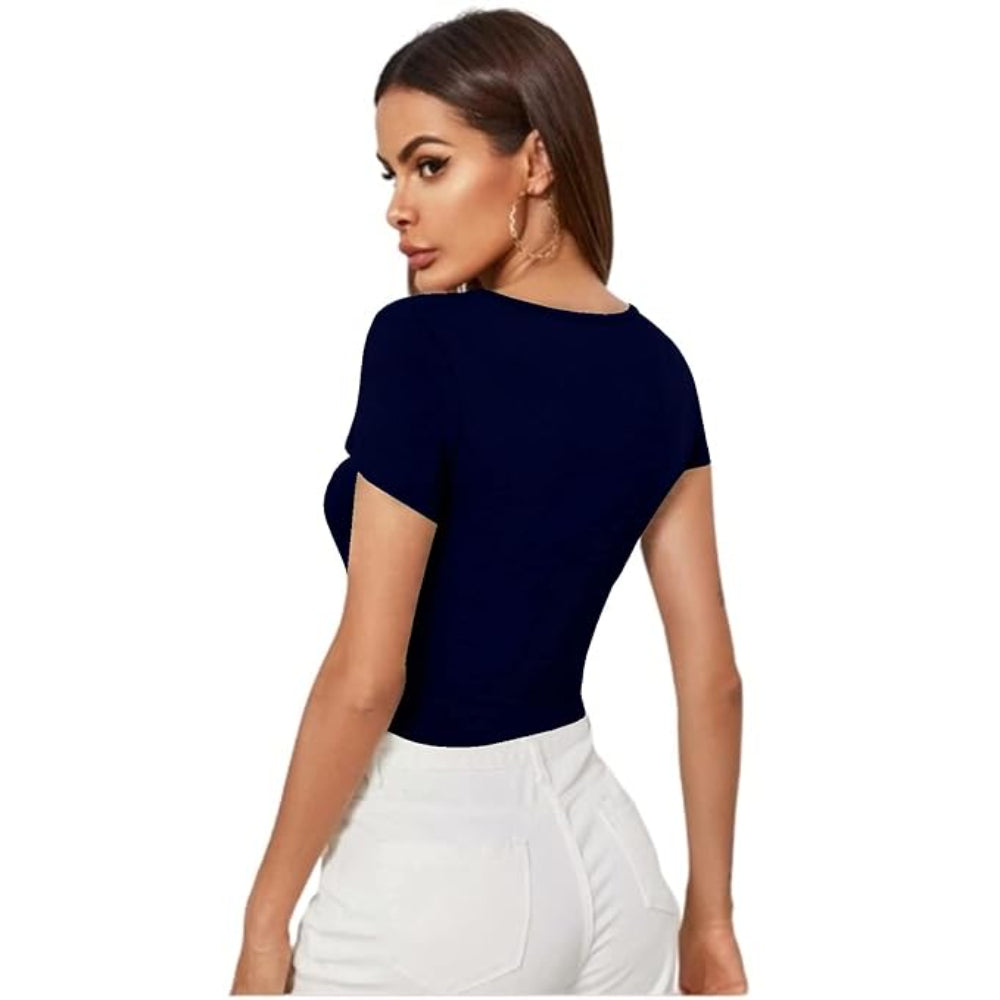 Women Short Sleeves Navy Blue Crop Top