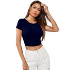 Women Short Sleeves Navy Blue Crop Top