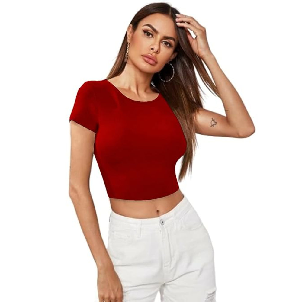 Women Short Sleeves Red Crop Top