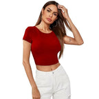 Women Short Sleeves Red Crop Top