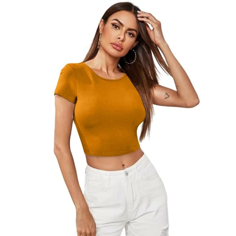 Women Short Sleeves Turmeric Yellow Crop Top