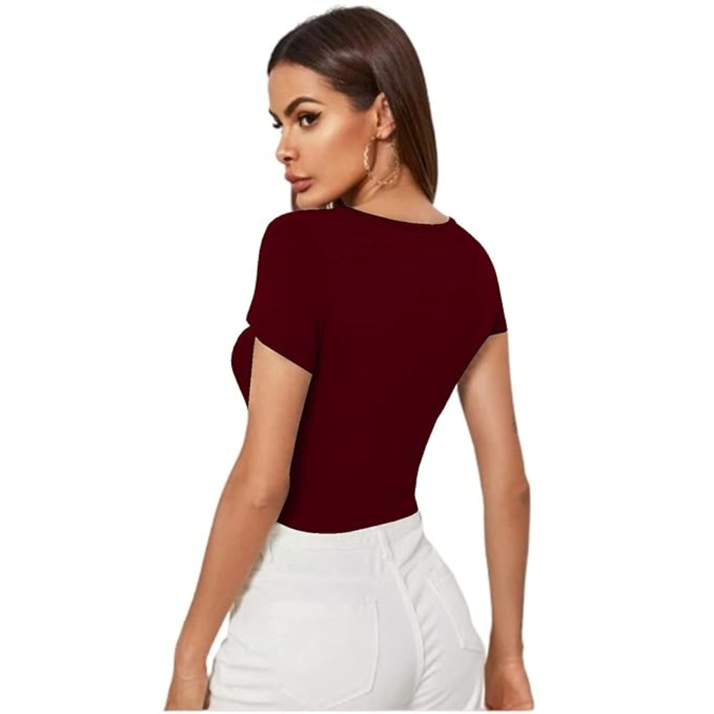 Women Short Sleeves Maroon Crop Top